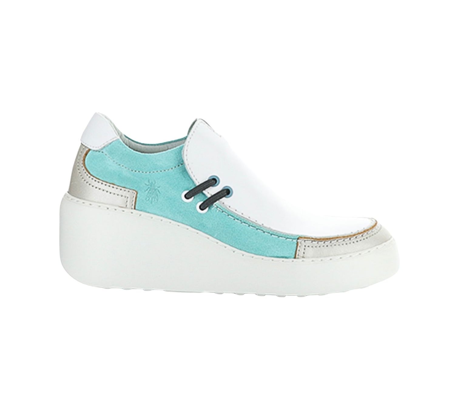 blue teal white platform wedge slip on sneaker made of leather and suede