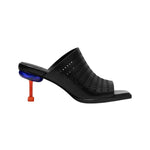 perforated black leather sandal with red and blue architectural heel