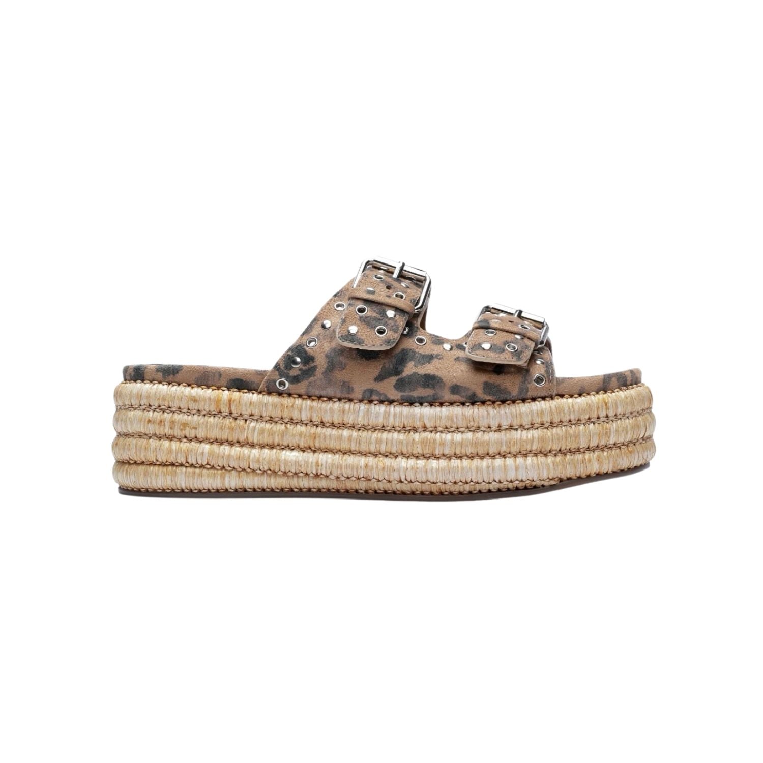 Leopard print sandal with woven sole 
