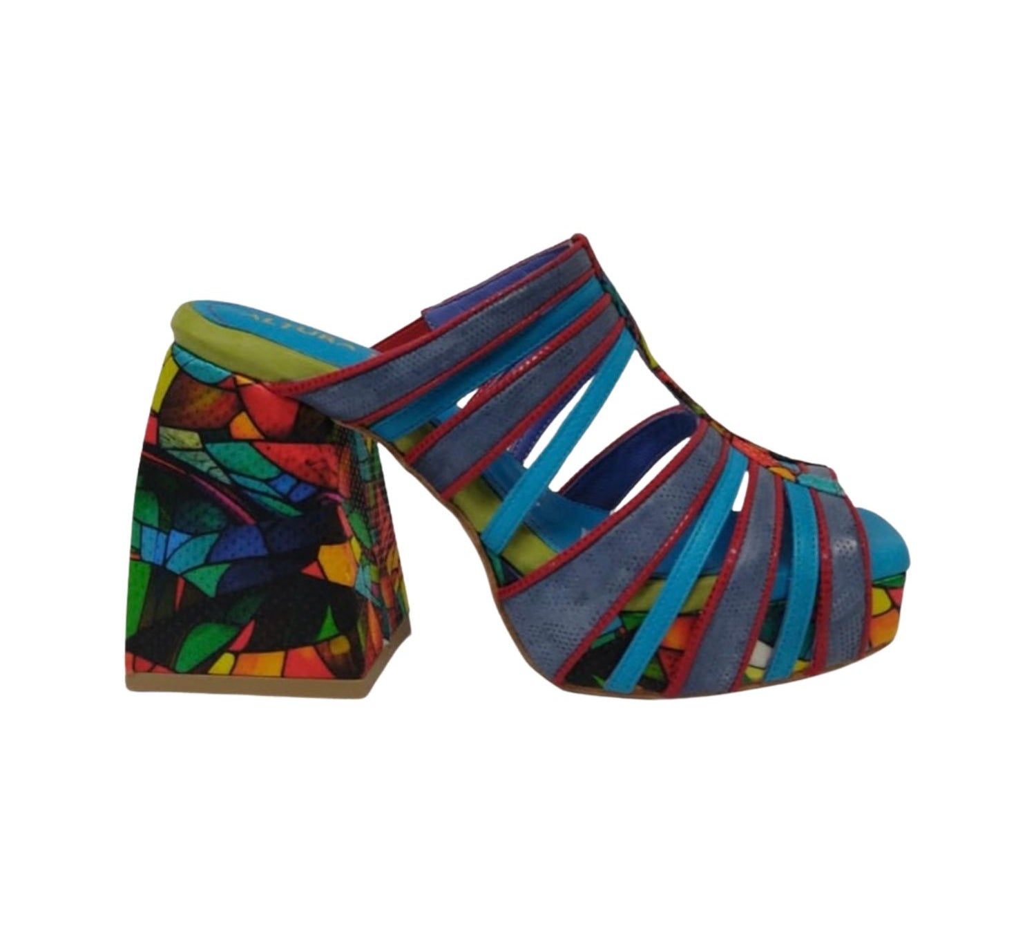 Handmade platform strappy multi-color open back slide heel  