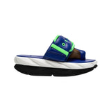 blue, green. white, and black puffy strap platform slip on sandal