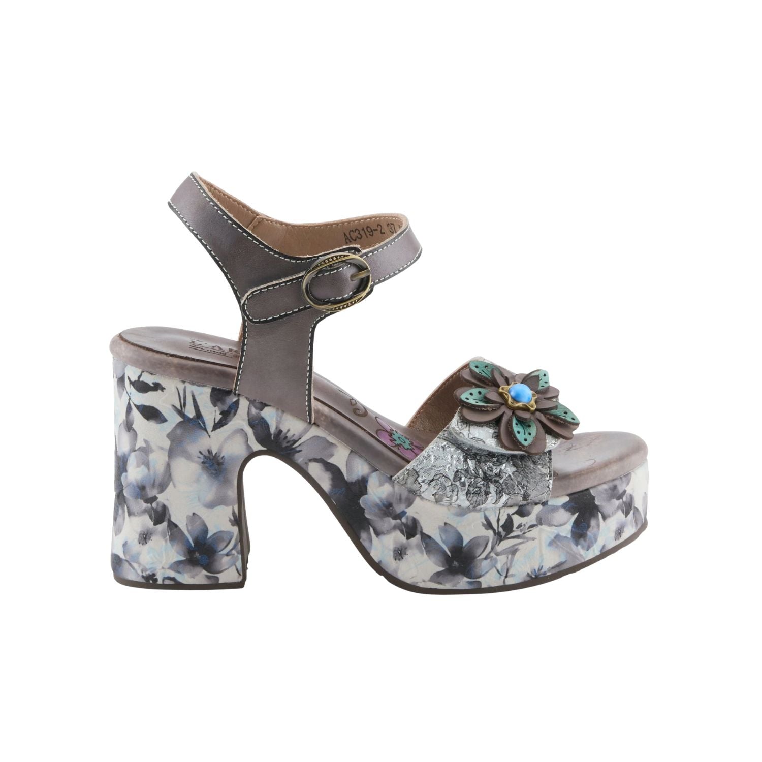 High-heeled sandal with floral pattern on a white background