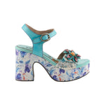 Colorful turquoise high-heeled shoe with floral pattern 