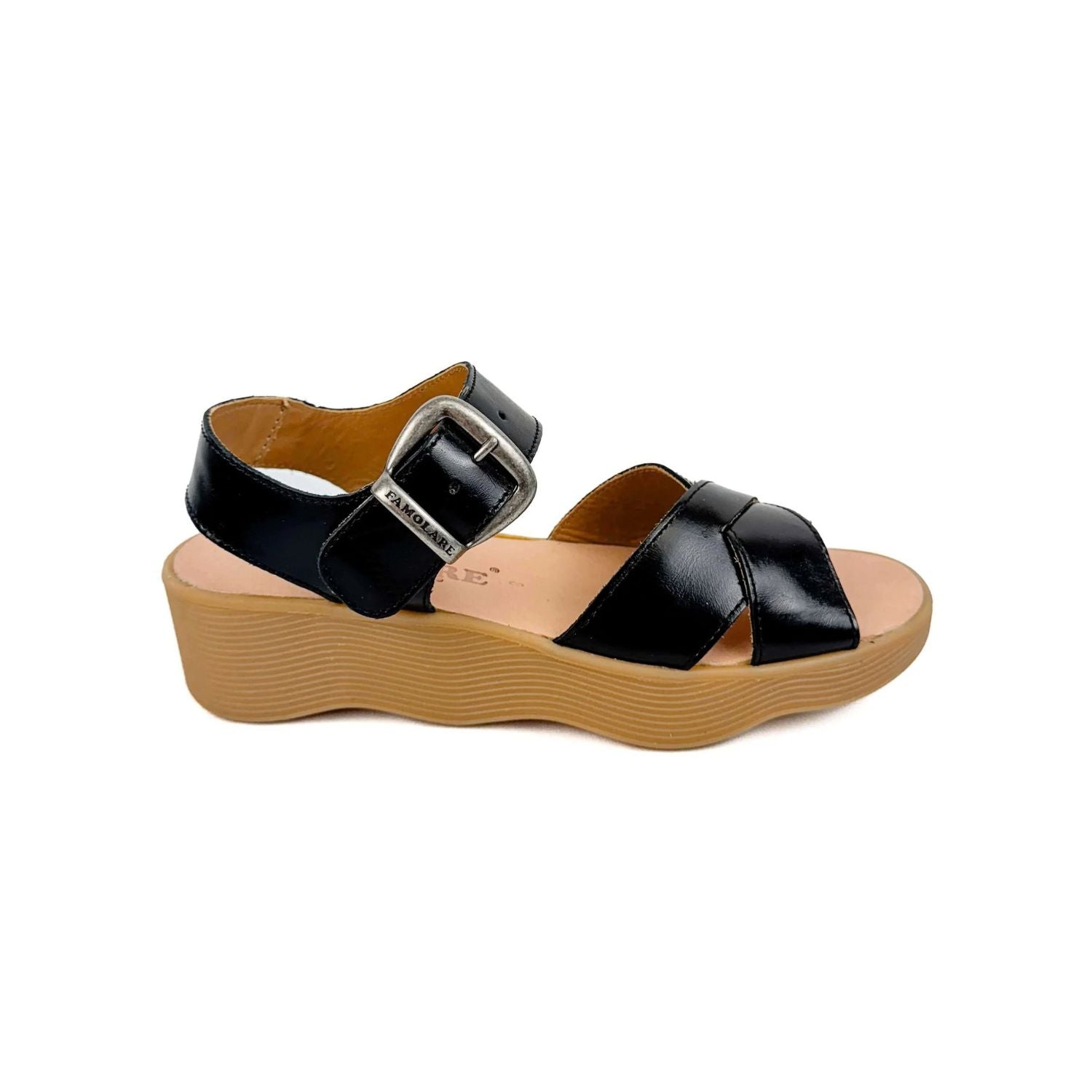 Black sandal with a brown sole 