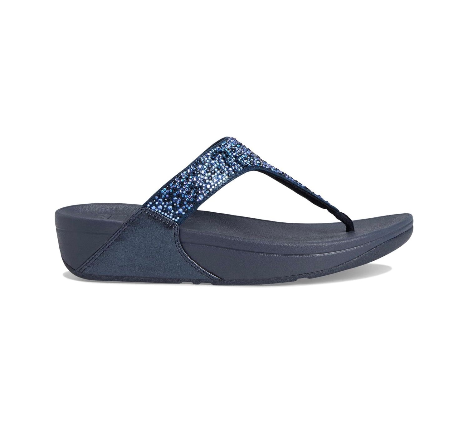 platform wedge sparkle bejeweled fit form flip flop in blue