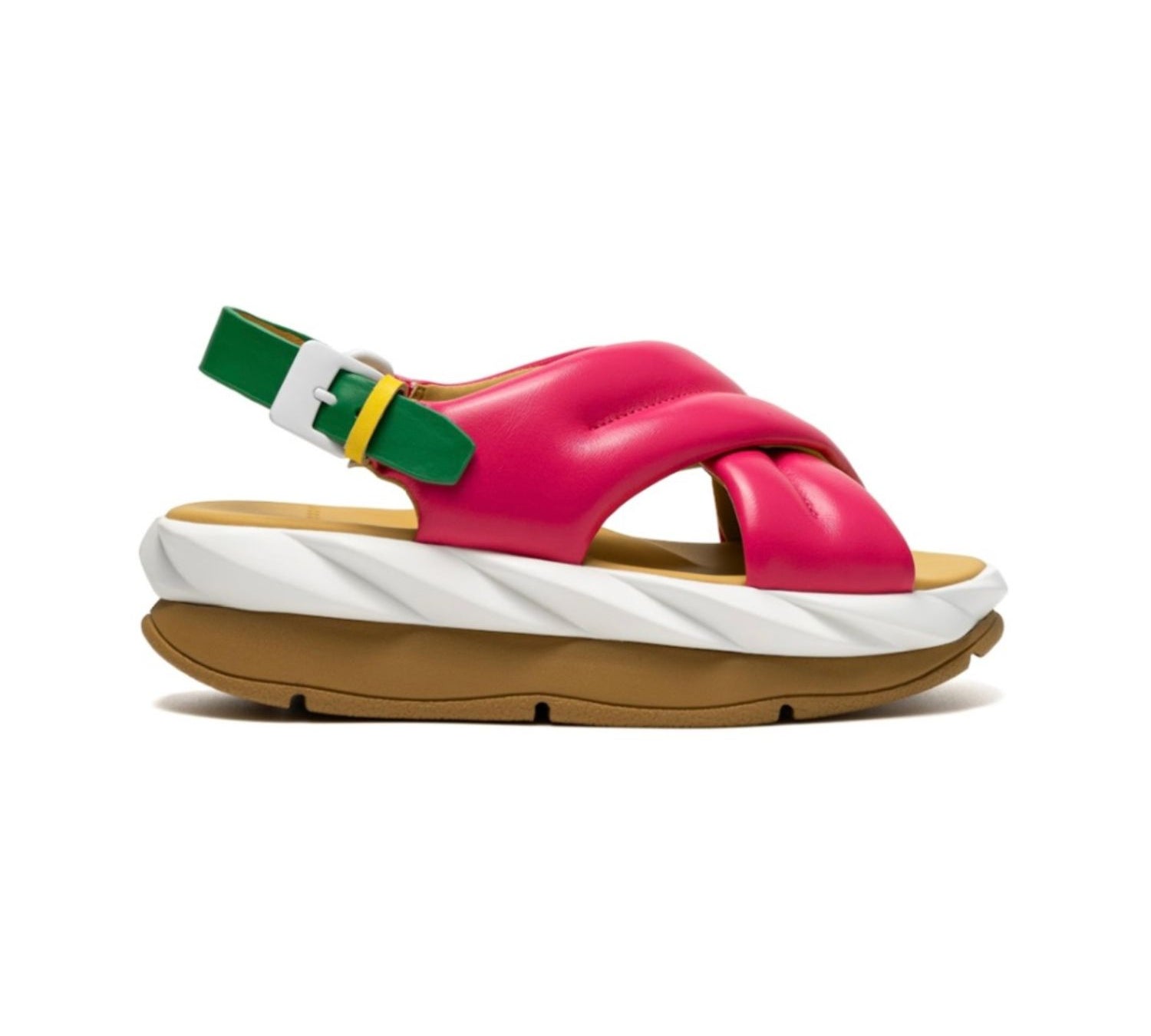 pink green and white puffy strap platform sandal with buckle