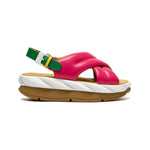 pink green and white puffy strap platform sandal with buckle