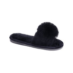 black soft fuzzy slide slipper with pom pom