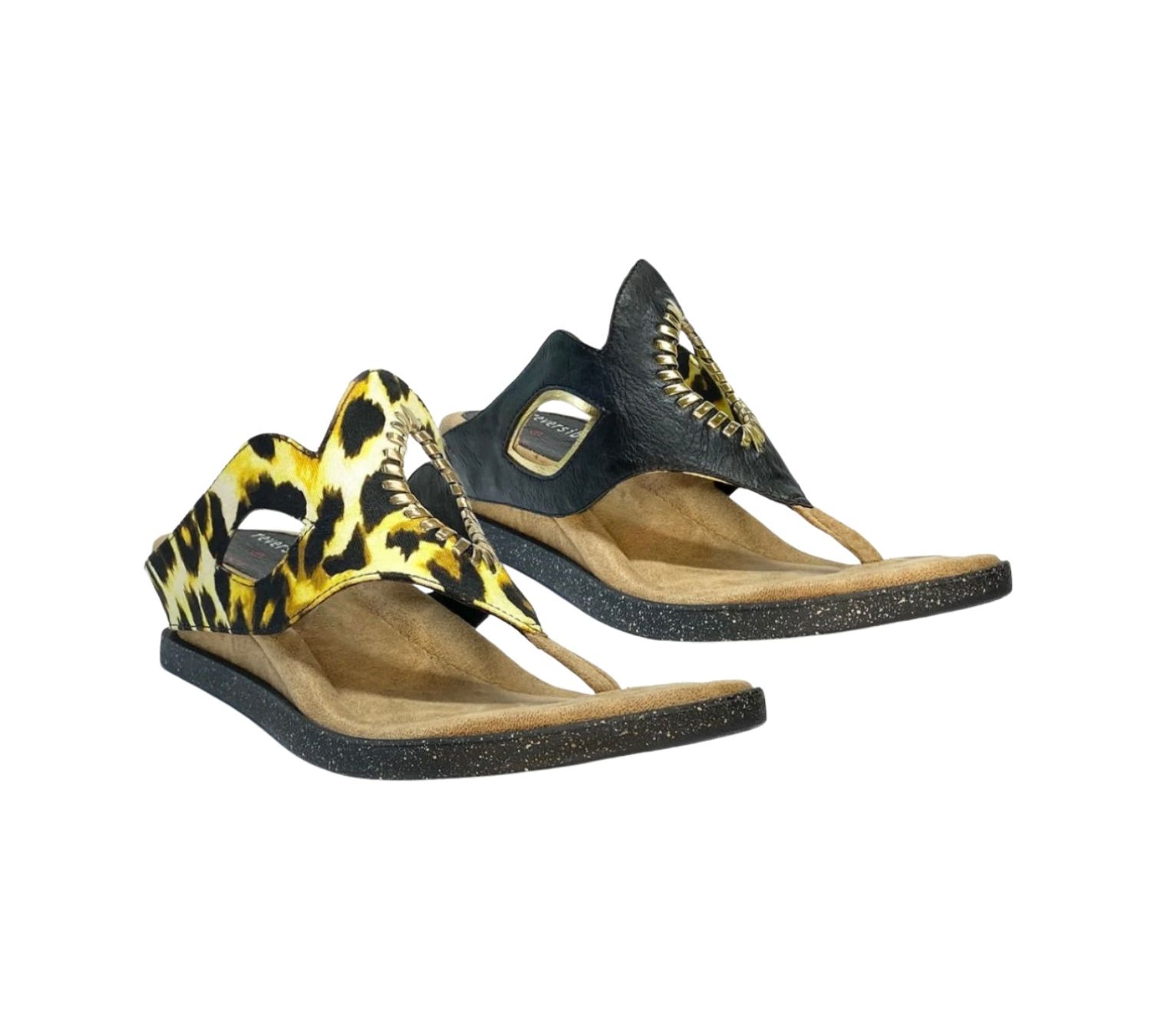reversible wedge open back sandal black and animal print