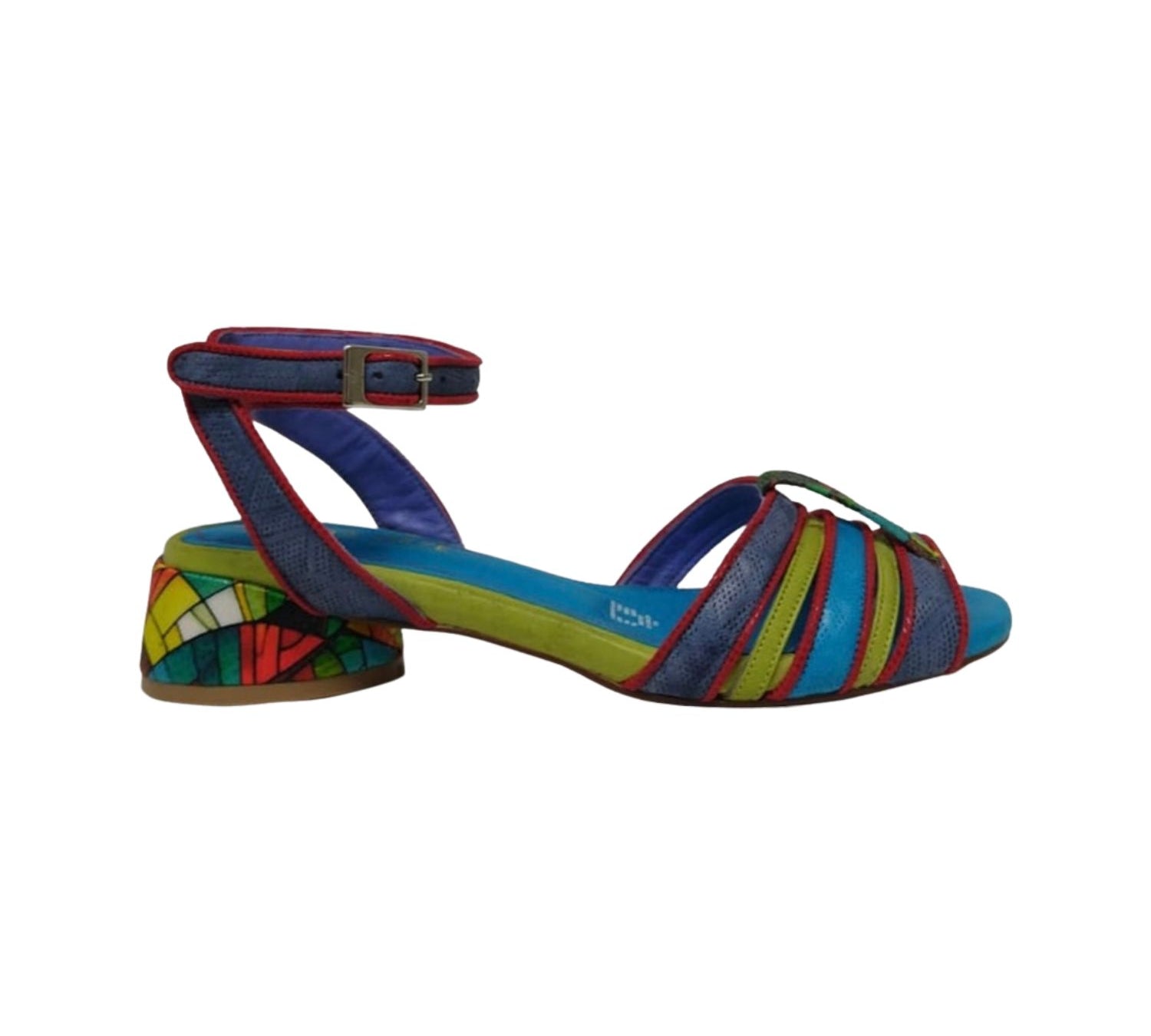 multi-colored strappy low heel sandal