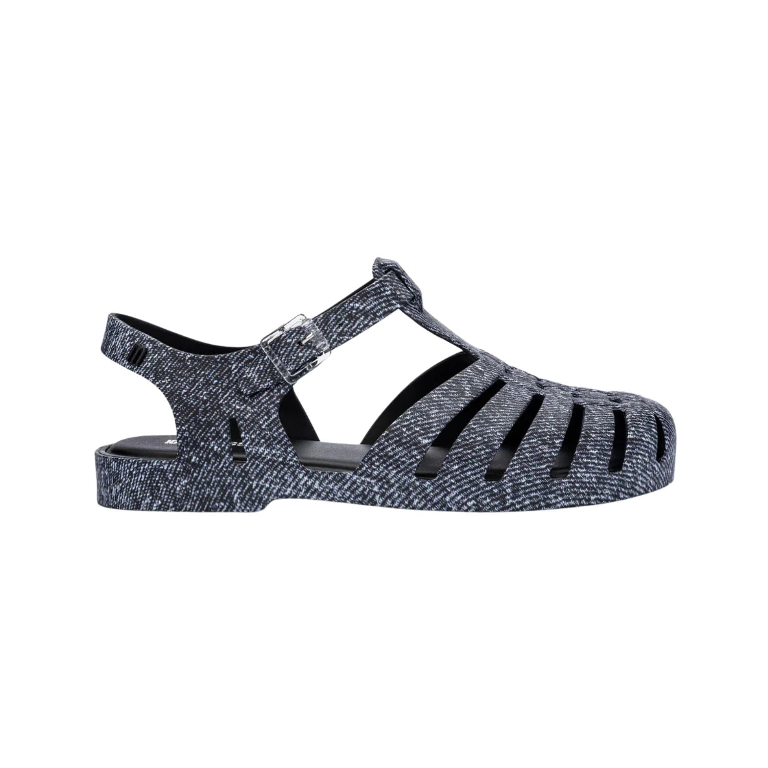 dark denim print sandal low profile with buckle