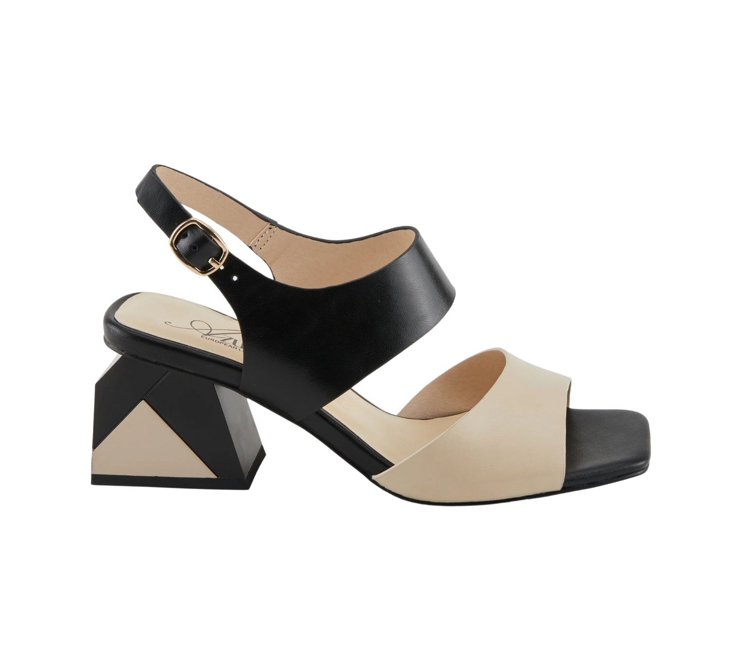 square toe block heel sandal in black and beige with adjustable strap by Azura from the best shoe store