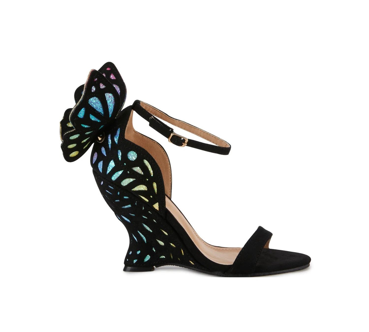 butterfly wedge heel sandal with adjustable ankle strap in black and rainbow glitter detail
