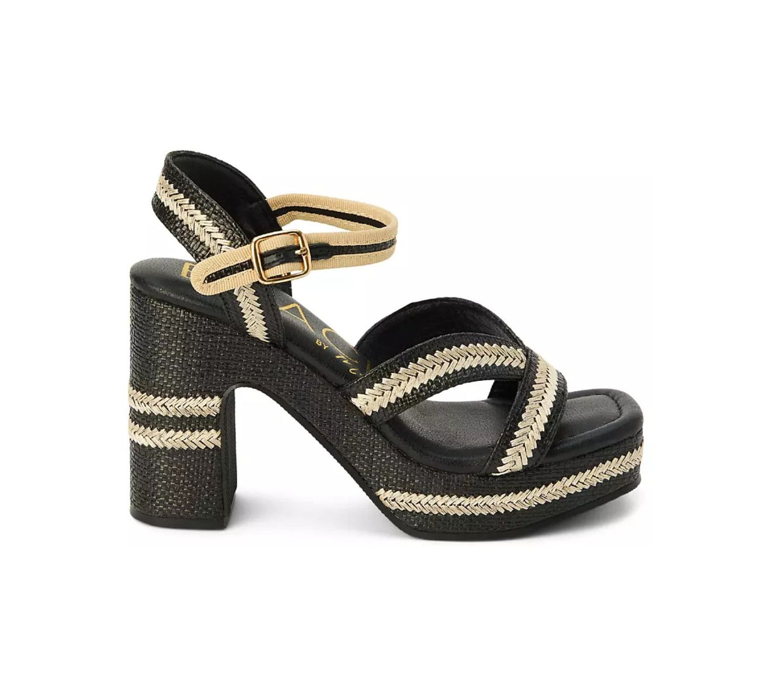 black and tan woven material platform block heel sandal with adjustable ankle strap