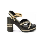 black and tan woven material platform block heel sandal with adjustable ankle strap