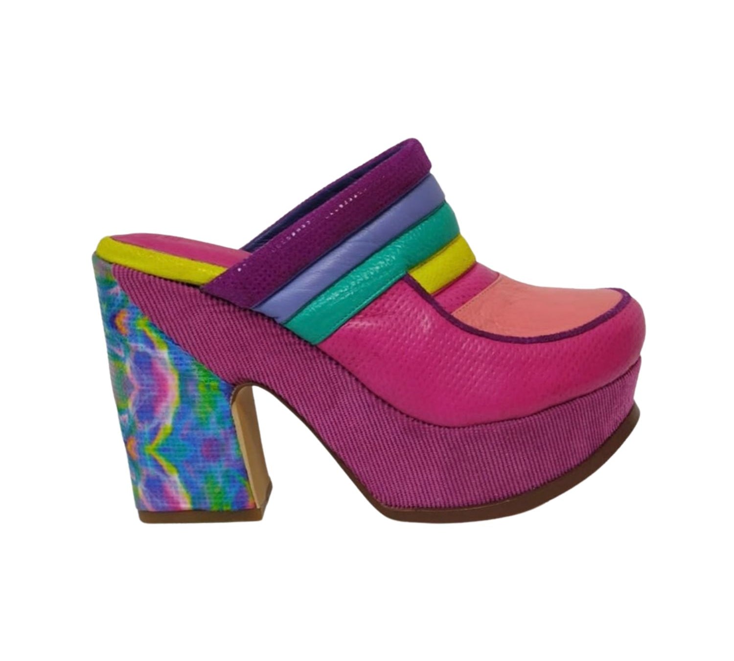multi-color rainbow hand painted mule slip on clog with heel
