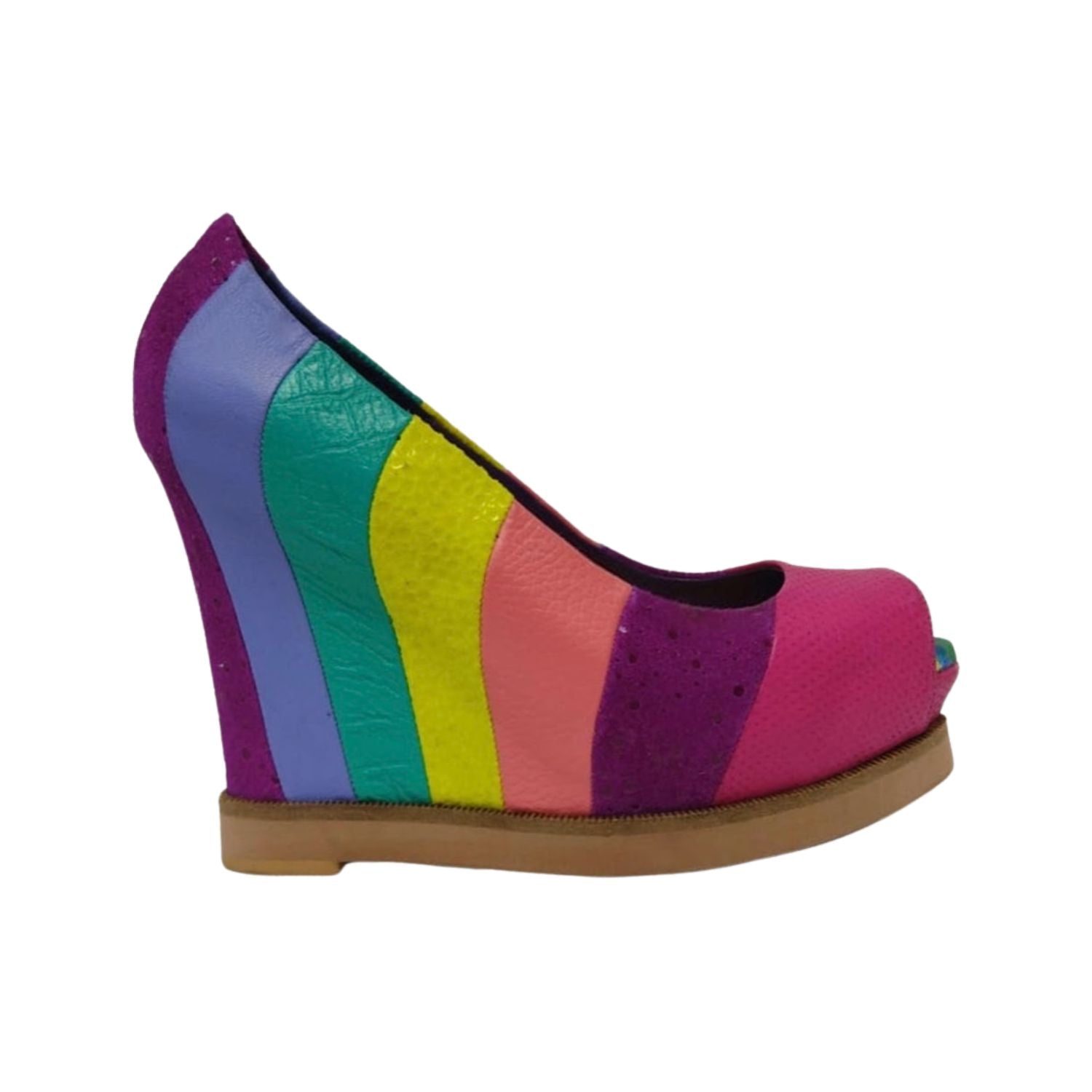 limited edition hand made rainbow multi-color peep toe wedge pump