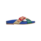 Colorful sandal with a red buckle 