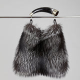 Genuine silver black fox fur handbag with cow horn handle. Made in New York USA