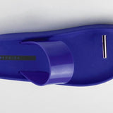 Blue sandal with a metallic toe catch close-up