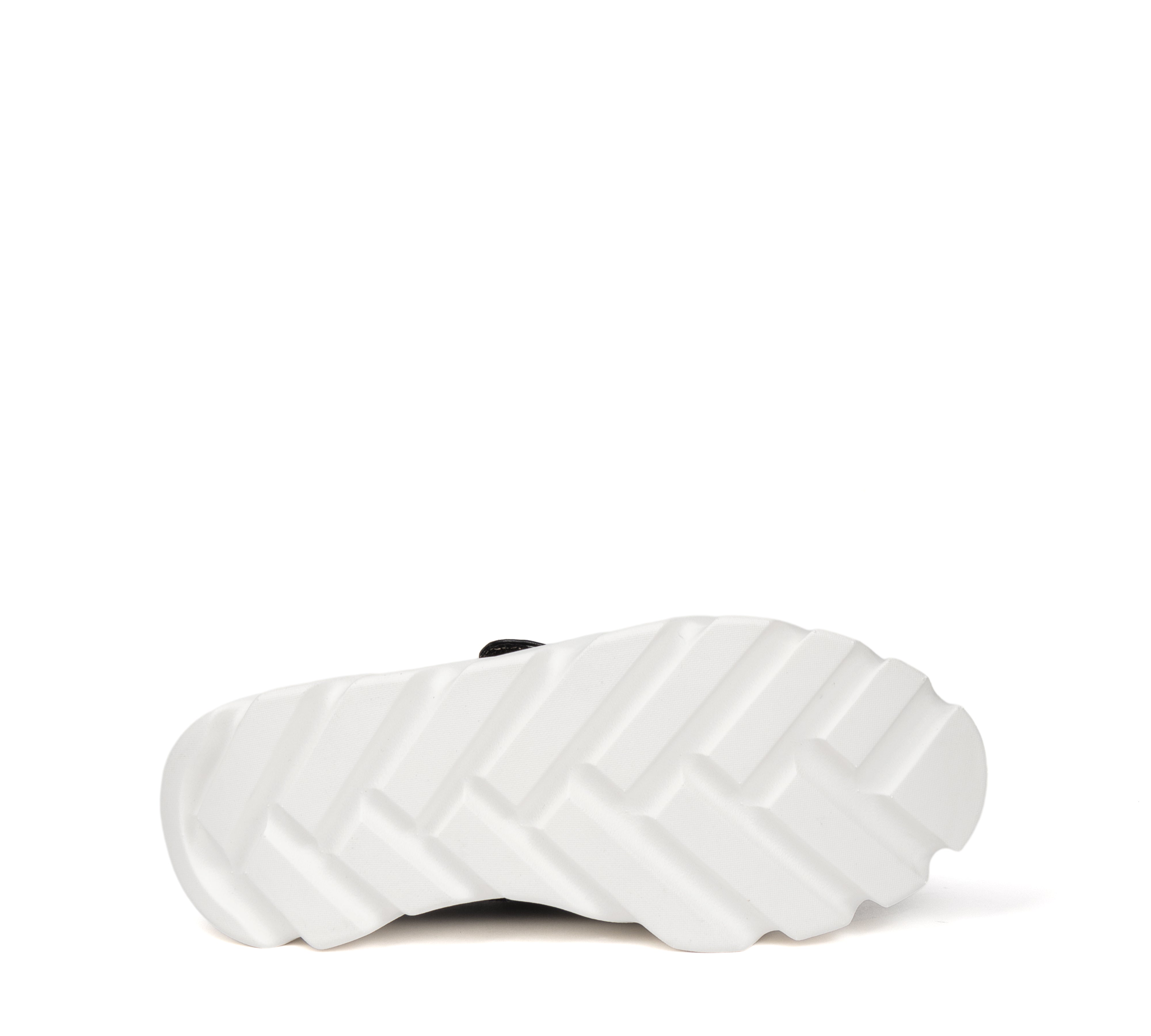 Black and white platform sneaker by 4CCCCEES from Shoe Be Do USA bottom view