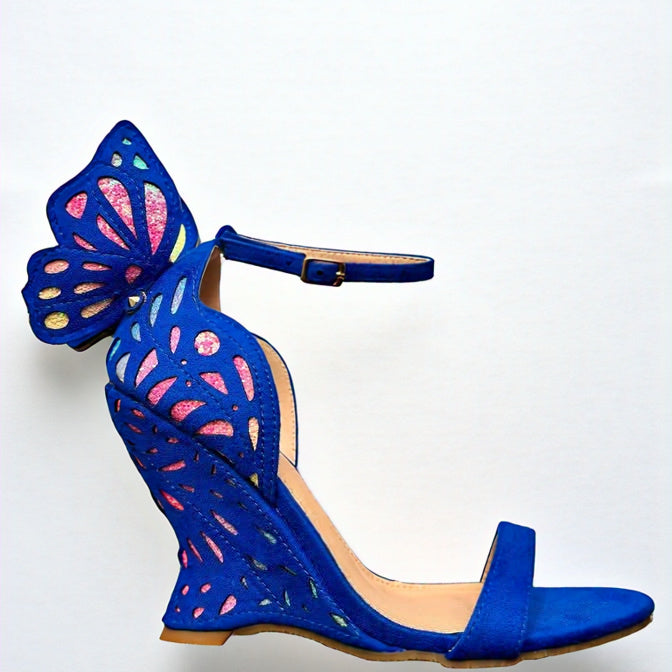 Blue and rainbow butterfly detailed platform heel profile view