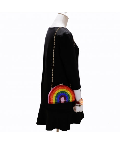 crystal embellished rainbow clutch handbag showing drop in chain