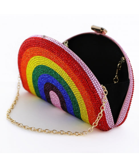 crystal embellished rainbow clutch handbag open to show interior