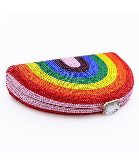 crystal embellished rainbow clutch handbag on its side