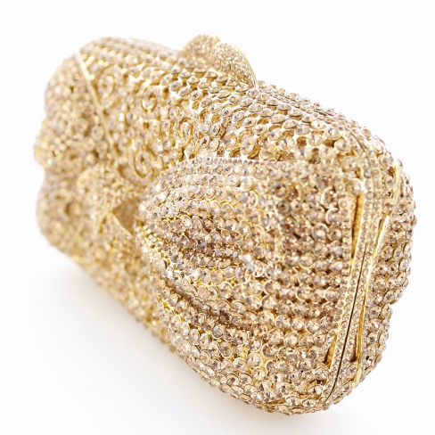 gold toned crystal embellished bow clutch handbag side view
