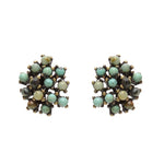 Rebel cluster stud earrings. Antique brass finish with African turquoise beads. Handmade in New York.