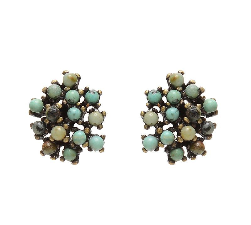 Rebel cluster stud earrings. Antique brass finish with African turquoise beads. Handmade in New York.
