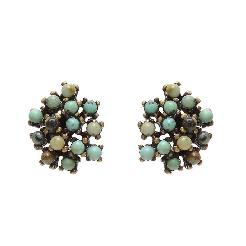 Rebel cluster stud earrings. Antique brass finish with African turquoise beads. Handmade in New York.